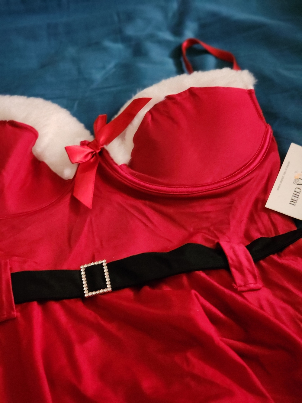 Sexy Santa Red Holiday Velvet Chemise with White Faux Fur Trim
